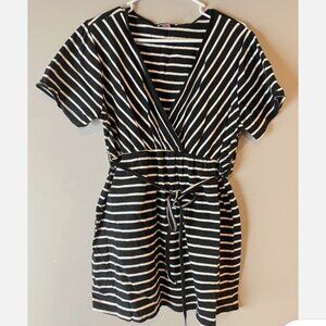 Maternity Top Black And White Striped Belted V Neck Nursing Shirt